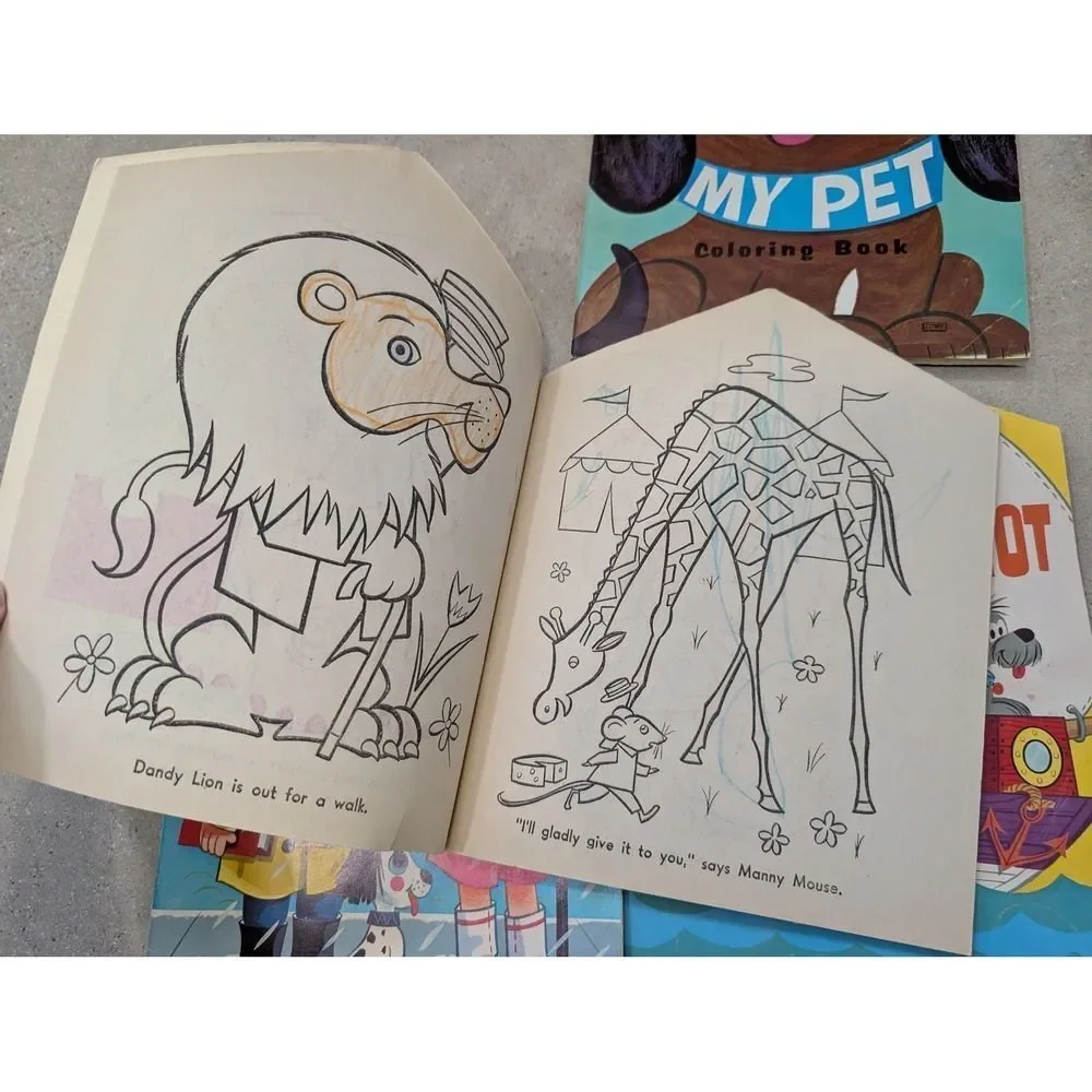 Lot of 5 Vintage 1960s 1970s Coloring Books Samuel Lowe Whitman-Mostly Unused